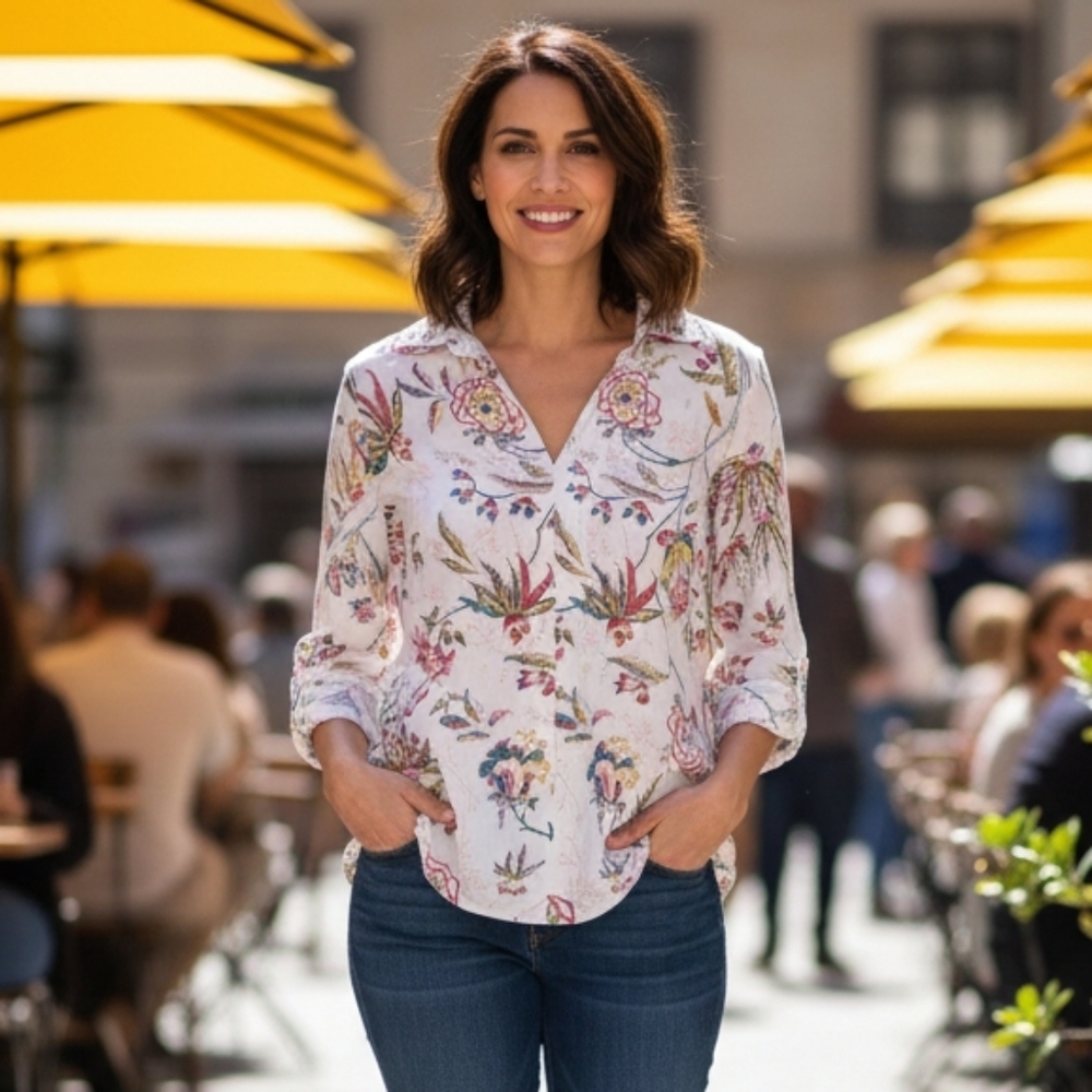 Eden & Olivia White Boho Summer Floral Cotton Gauze V-Neck Blouse Size M